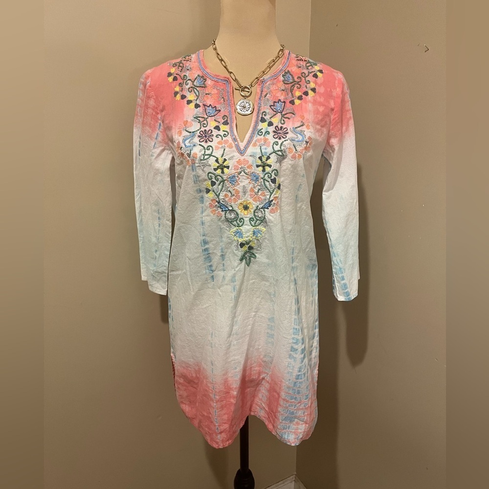 Sundance Pink and White Cotton Embellished Swim Cover up, size XS